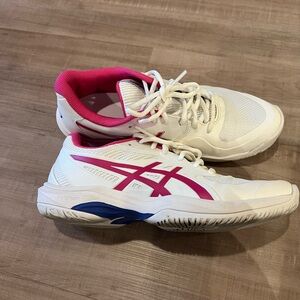 ASICS White and Pink Sneakers with Blue Accents